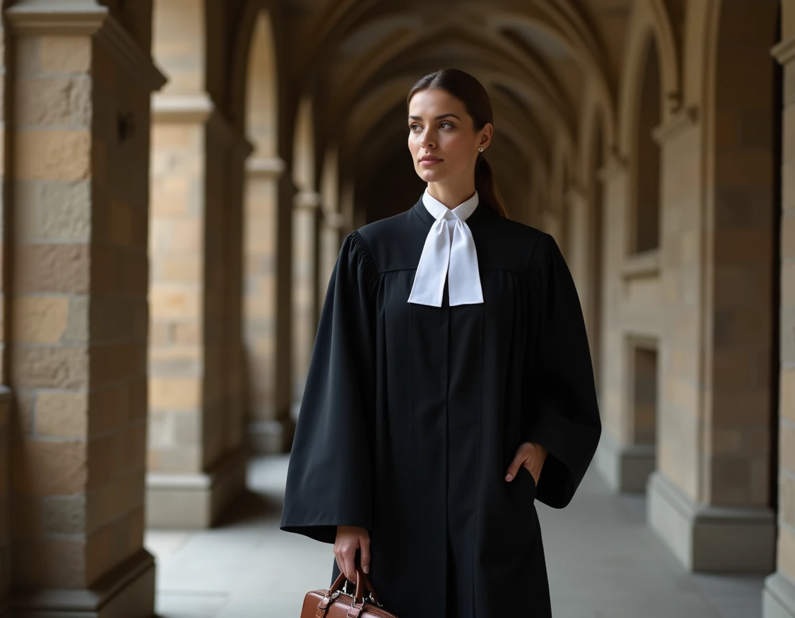 Avocate Florence Vansteeger en robe noire dans un couloir du palais de justice du Mans