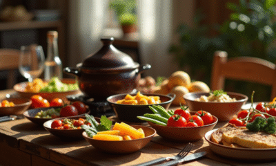 Table rustique avec fondue bourguignonne et légumes colorés