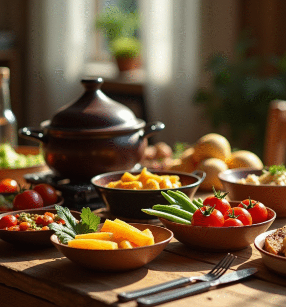 Table rustique avec fondue bourguignonne et légumes colorés