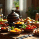 Table rustique avec fondue bourguignonne et légumes colorés