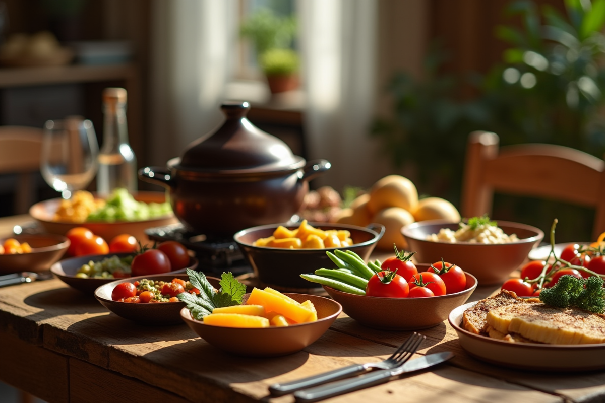 Table rustique avec fondue bourguignonne et légumes colorés