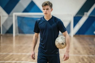 Jeune footballeur en maillot bleu marine tenant un ballon sur un terrain de futsal, regard déterminé évoquant l'univers de Blue Lock