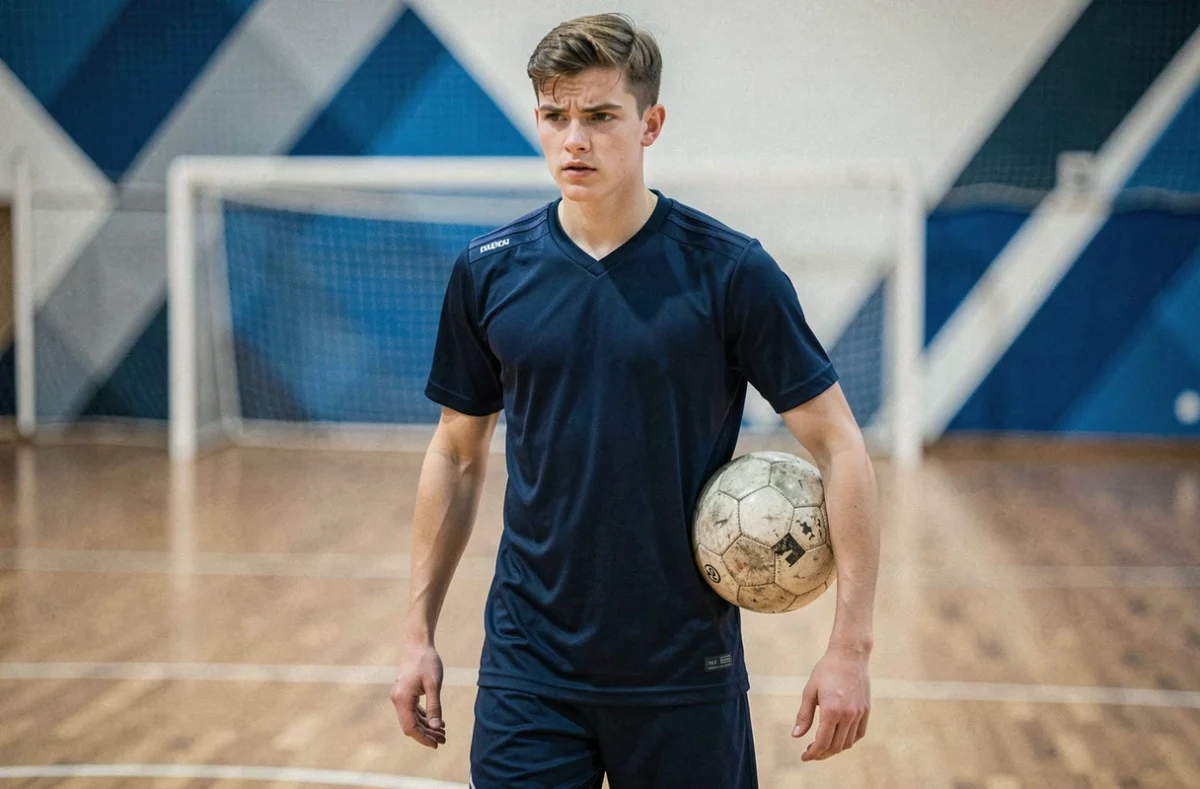 Jeune footballeur en maillot bleu marine tenant un ballon sur un terrain de futsal, regard déterminé évoquant l'univers de Blue Lock