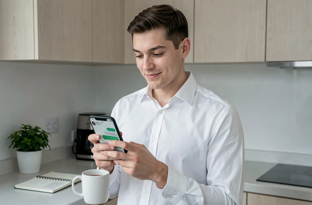 Jeune professionnel consultant un message sur smartphone avec une expression dubitative face à une formule de politesse désuète