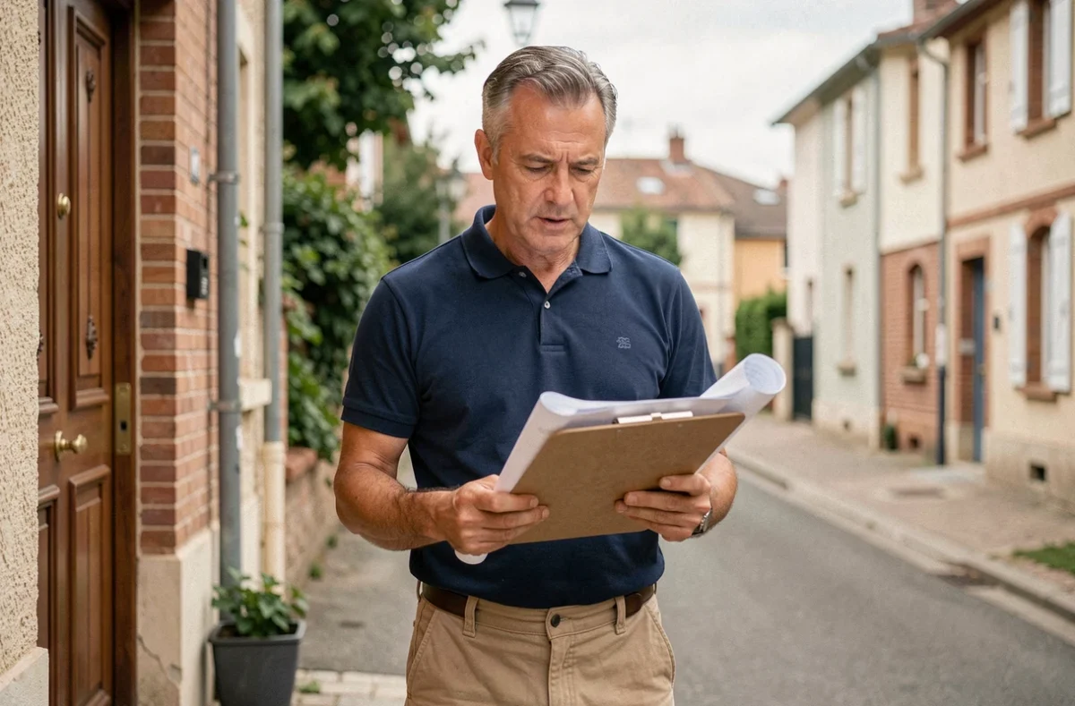 Fournier Pierre, électricien indépendant, consultant des plans devant une maison résidentielle à Limoges