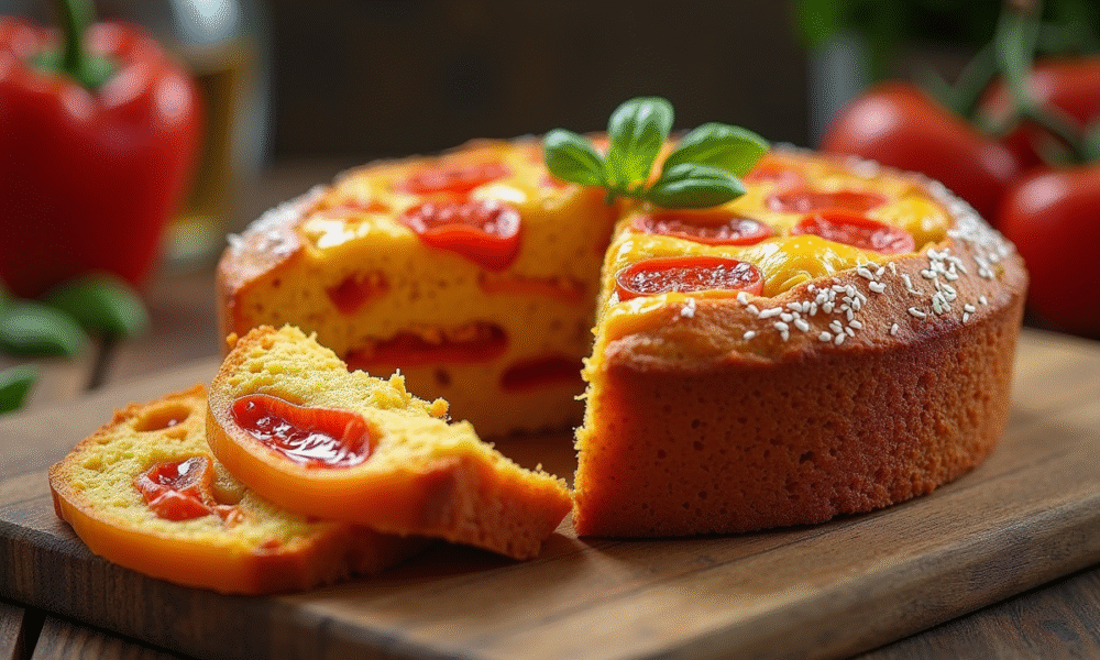 Gâteau poivron et chorizo tranché sur table rustique