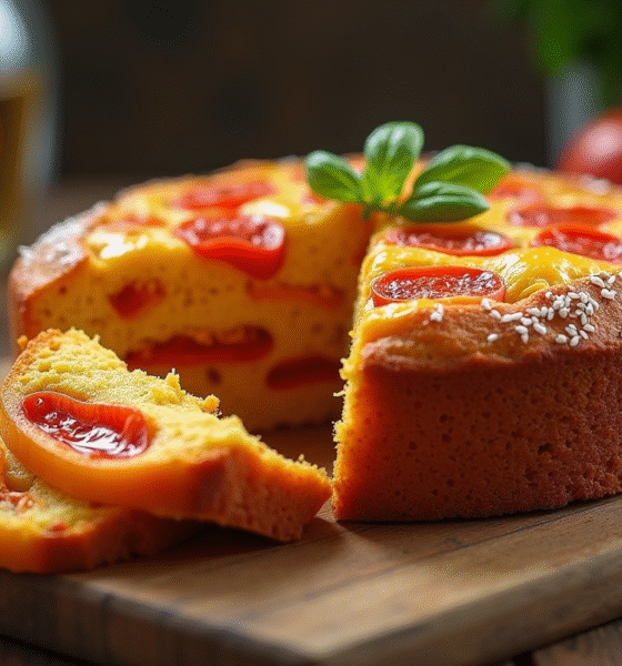 Gâteau poivron et chorizo tranché sur table rustique