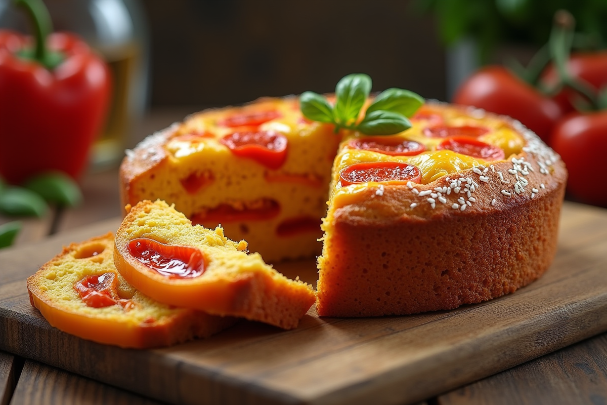 Gâteau poivron et chorizo tranché sur table rustique