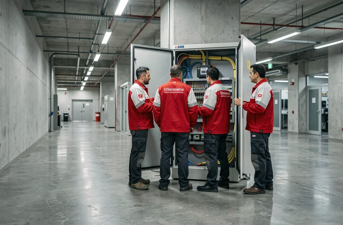 Équipe d'électriciens du GECC travaillant sur un cabinet électrique dans un bâtiment commercial à Limoges