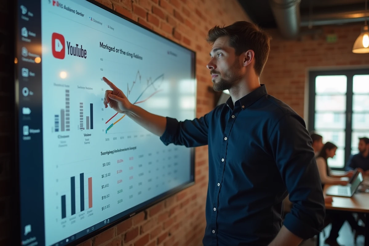 Créateur de contenu présentant des données d'impact et de croissance d'audience d'une chaîne YouTube devant un écran mural dans un espace de coworking