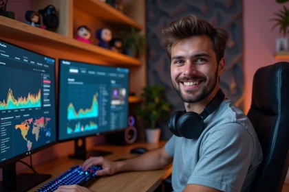 Youtubeur analysant les statistiques d'audience et les vues de sa chaîne YouTube sur un écran d'ordinateur dans un studio maison professionnel