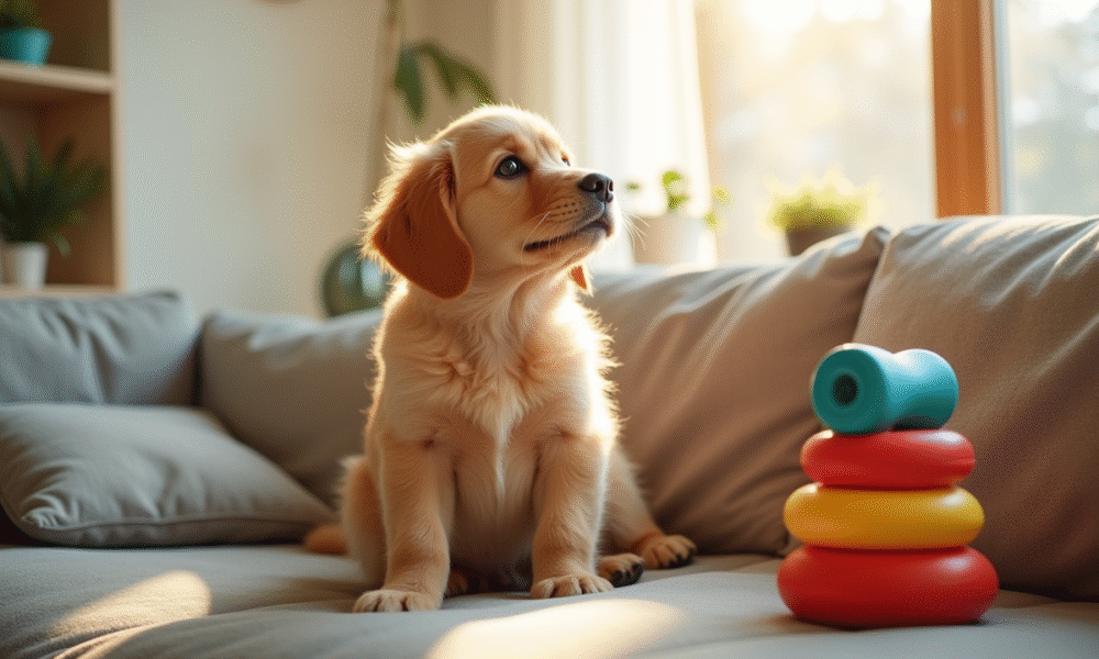 Petit golden retriever assis sur un canapé lumineux