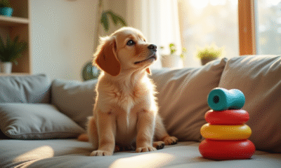 Petit golden retriever assis sur un canapé lumineux