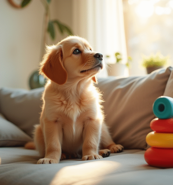 Petit golden retriever assis sur un canapé lumineux