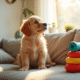 Petit golden retriever assis sur un canapé lumineux