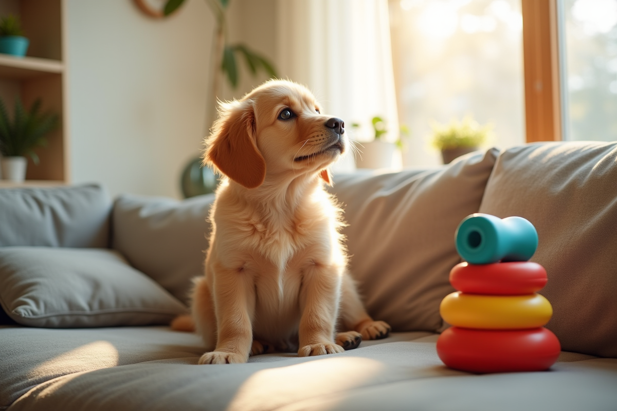Petit golden retriever assis sur un canapé lumineux