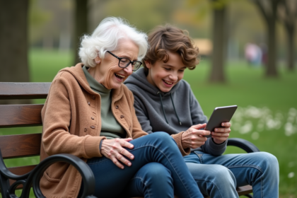 Une grand-mère et un adolescent rient ensemble dans un parc