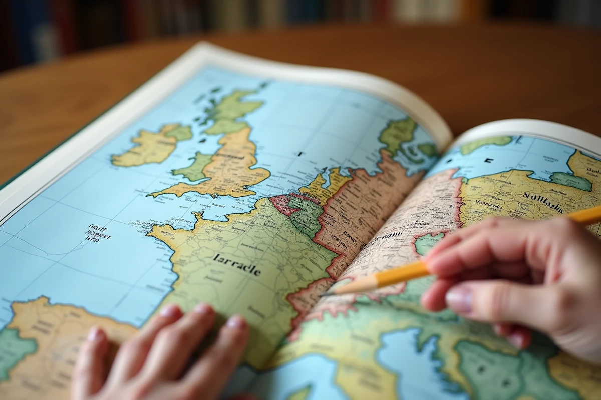 Gros plan sur une carte physique et politique de l'Allemagne dans un atlas ouvert avec une main et un crayon