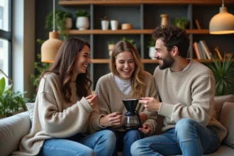 Groupe d'adultes souriants échangeant des objets dans un salon moderne