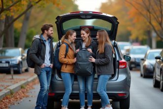 Quatre amis chargent des sacs dans une voiture en rue