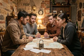 Groupe d'adultes résolvant des énigmes dans une salle d'escape game à Lyon avec décor vintage et accessoires mystère
