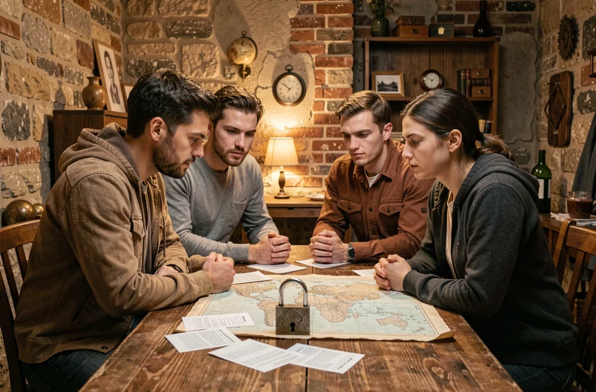 Groupe d'adultes résolvant des énigmes dans une salle d'escape game à Lyon avec décor vintage et accessoires mystère