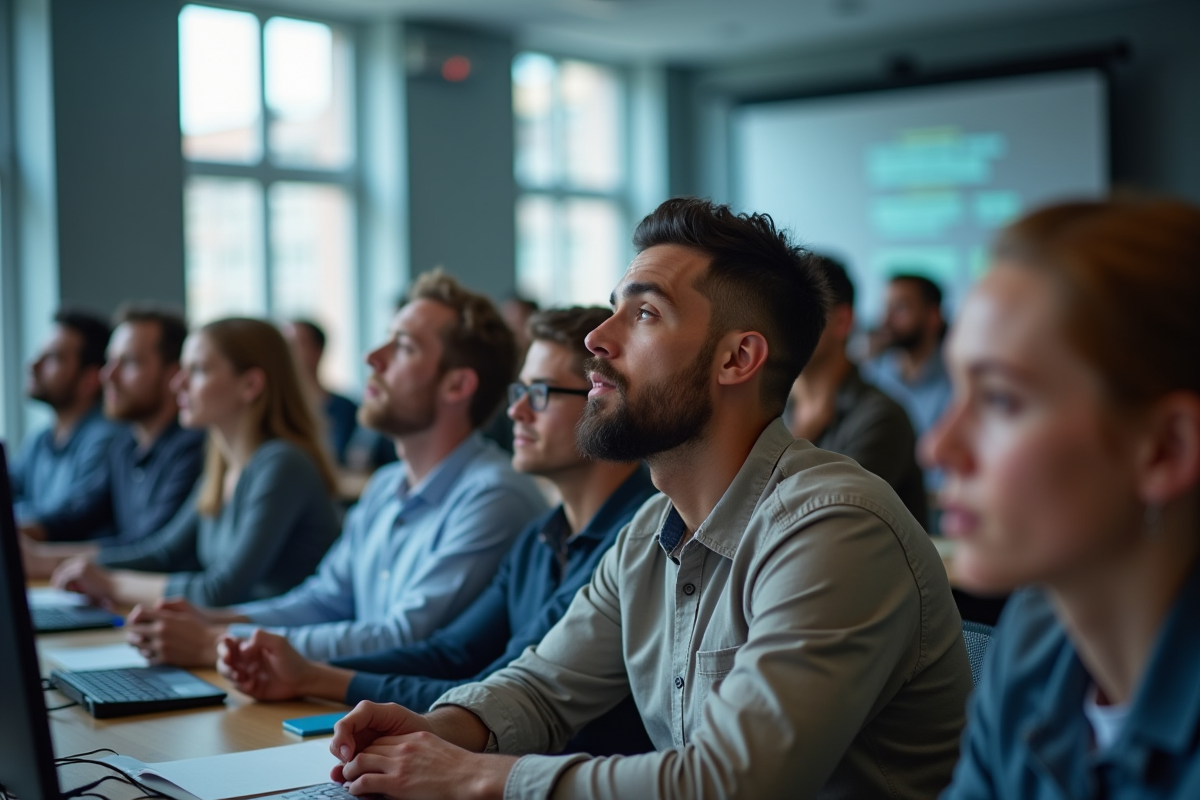 Groupe divers attentif lors d'une formation en informatique