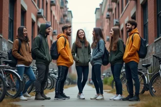 Jeunes adultes en streetwear dans un quartier urbain