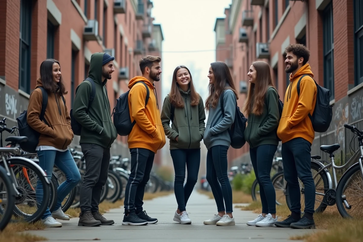 Jeunes adultes en streetwear dans un quartier urbain
