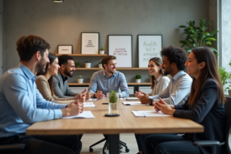 Groupe divers de professionnels en réunion de travail