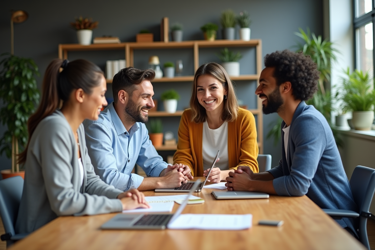 Groupe de quatre collègues au bureau en réunion collaborative