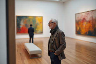 Historien d'art âgé observant une peinture abstraite dans une galerie
