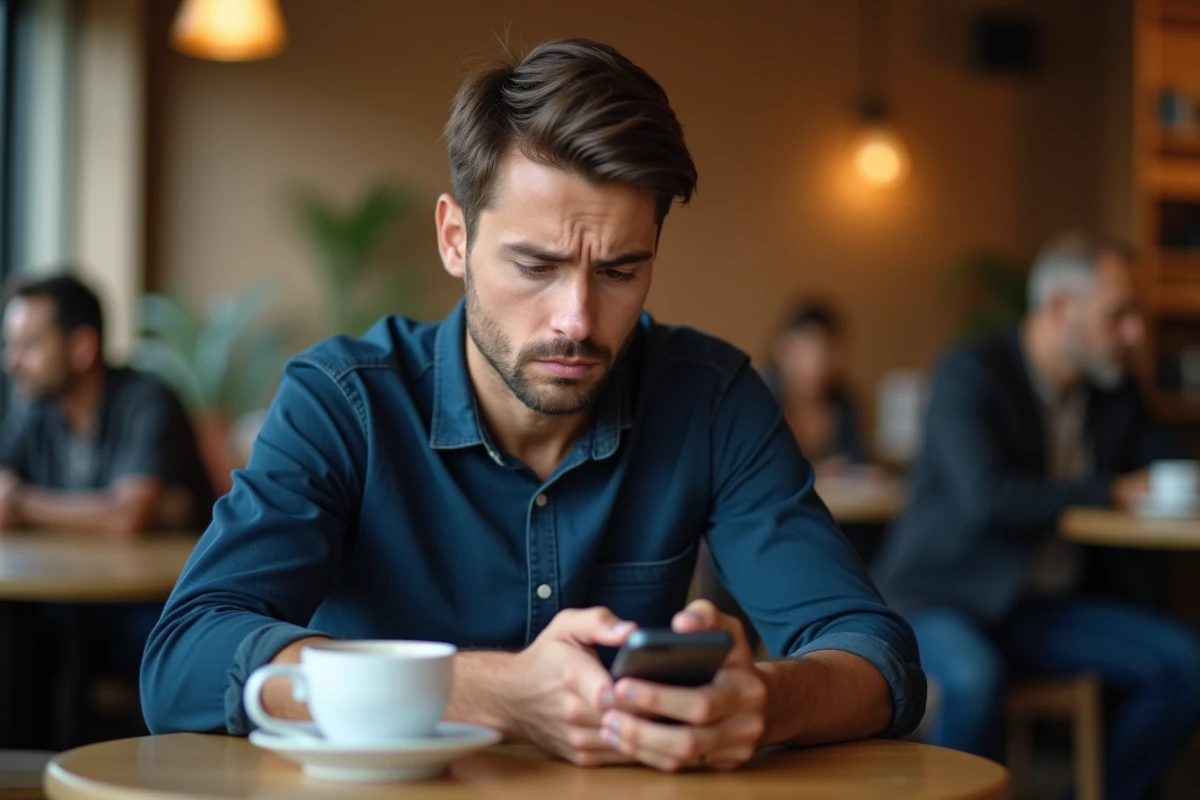 Homme inquiet découvrant le refus de son abonnement gratuit sur son smartphone dans un café