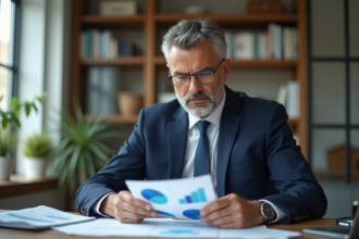 Homme d'affaires en costume analysant des documents financiers