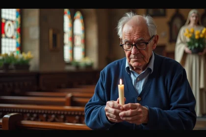 Homme âgé allumant une bougie dans une église ancienne