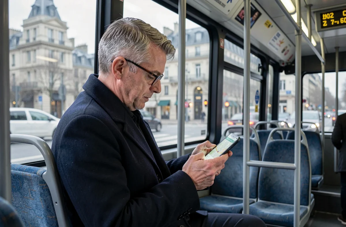 Homme consultant une carte de bus sur smartphone à l'intérieur d'un bus parisien avec vue sur la rue