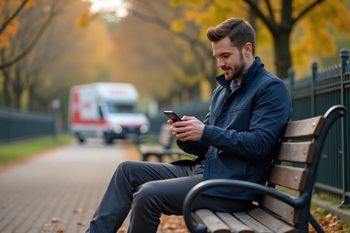 Jeune homme assis sur un banc dans un parc en automne