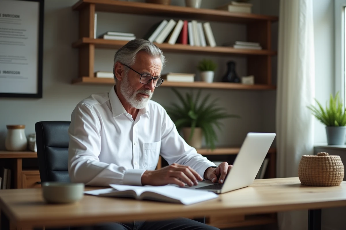 Homme d age travaillant sur son ordinateur dans un bureau à domicile
