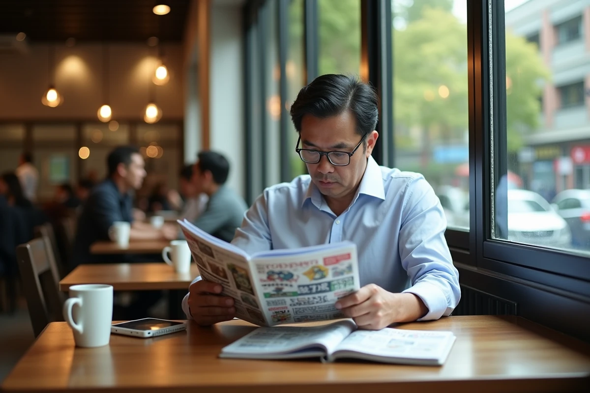 Homme lisant magazine manga dans un café