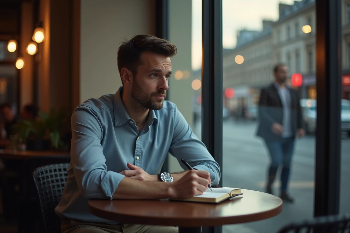 Homme pensif au café regardant par la fenêtre