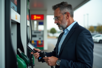 Homme d'affaires à la station essence moderne