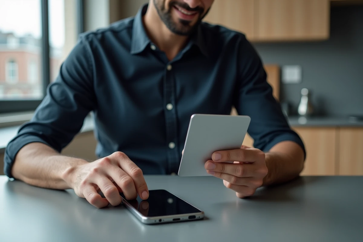 Homme examinant une carte cadeau et un smartphone affichant Amazon pour effectuer un échange de carte illicado