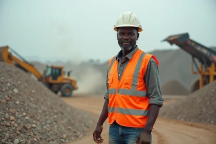 Homme ouest-africain en gilet haute-visibilite et jeans près de gravier