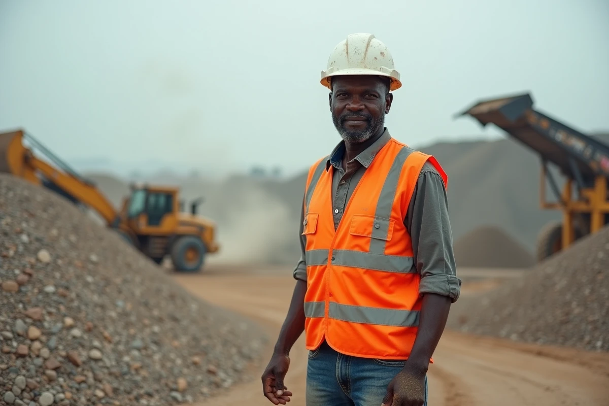Homme ouest-africain en gilet haute-visibilite et jeans près de gravier