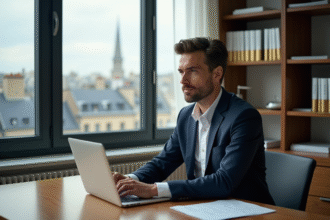 Homme en costume navy dans un bureau parisien moderne