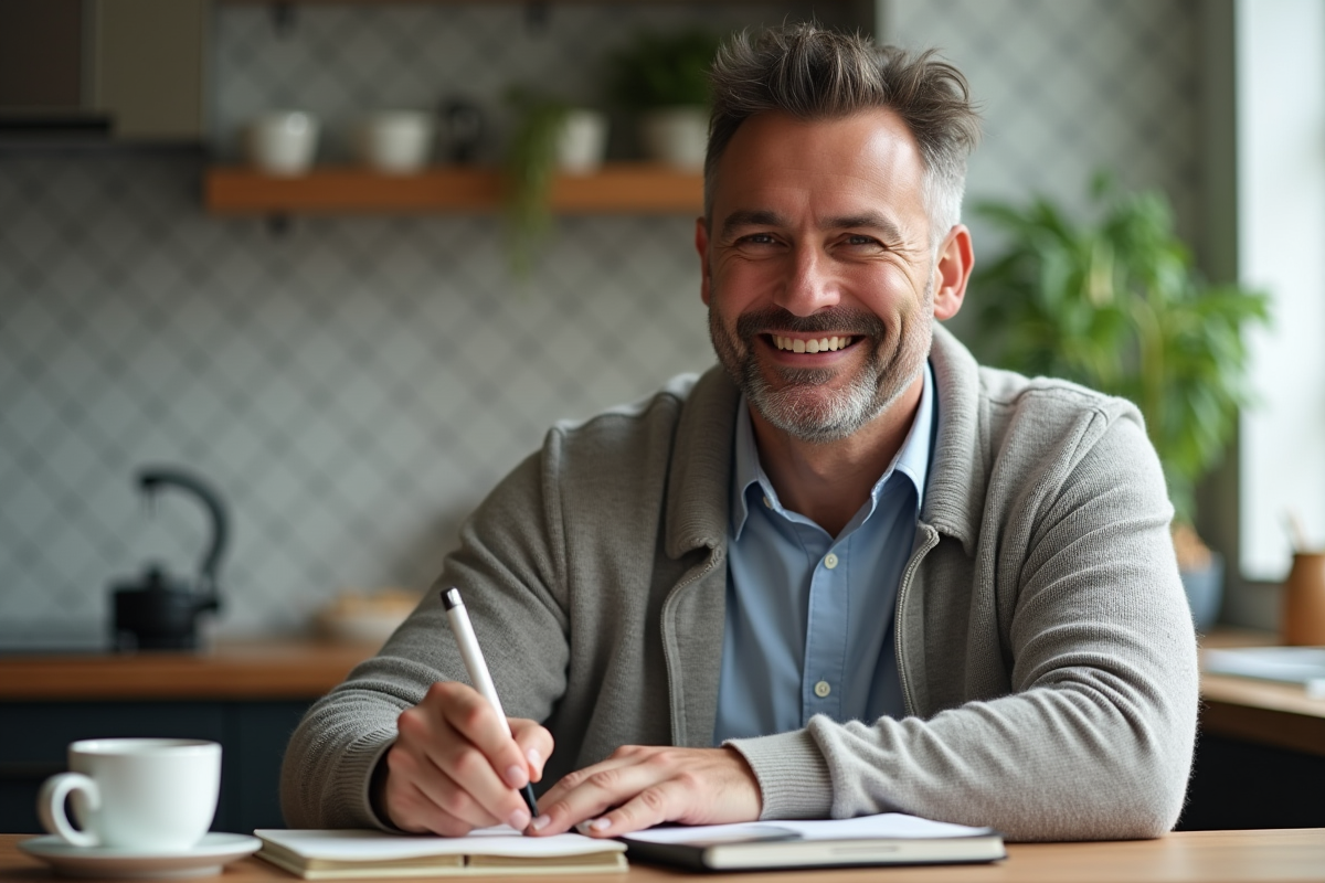 Homme prenant des notes dans sa cuisine lumineuse