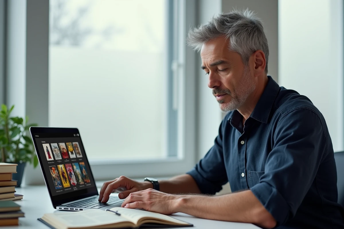Homme consultant une plateforme d'ebooks de mangas et BD sur ordinateur portable à son bureau