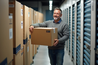 Homme souriant plaçant une boîte dans un selfstorage à Toulouse