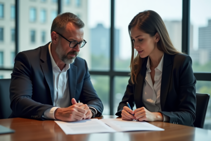 Professionnels examinant des documents de prêt immobilier