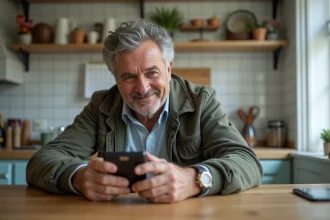 Homme d'âge moyen avec téléphone ancien dans la cuisine
